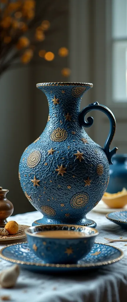 The beautiful crockery look as if they were woven three-dimensionally with beautiful delicate lace with many religious designs, the surface of the vase has a color like a starry night sky, very simple background, beautiful lighting, great focus,Beautiful b...