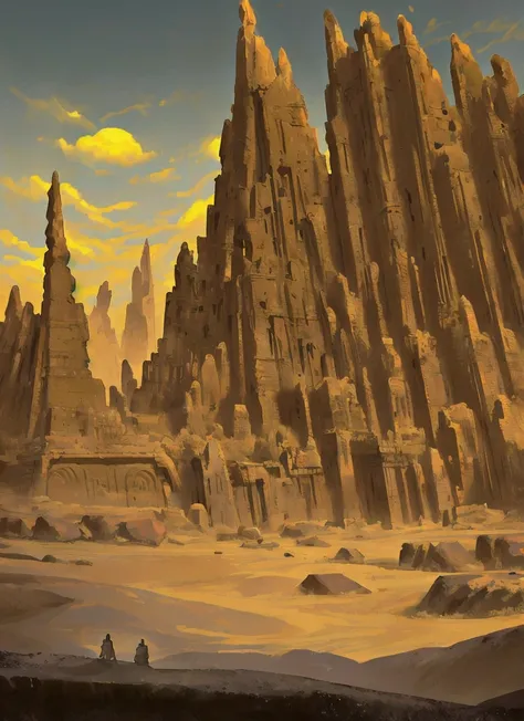 draw of a place, temple ruins, ancient ruins, inspired in india, surounded by dunes in a desert at night, giant glowing crystals