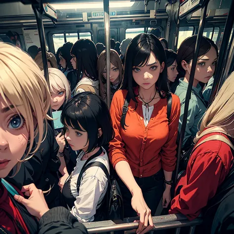 a number of women in a crowded train, facing away, looking back at the viewer, detailed facial features, detailed clothing, phot...