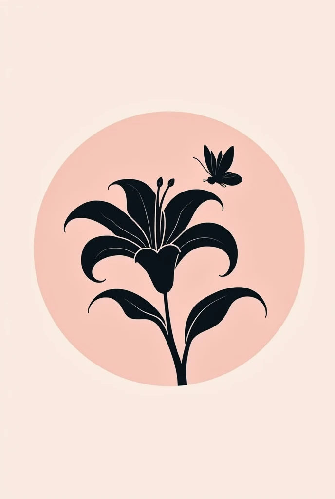 Circular logo on light pink background with black lily and bee flying to the right in black
