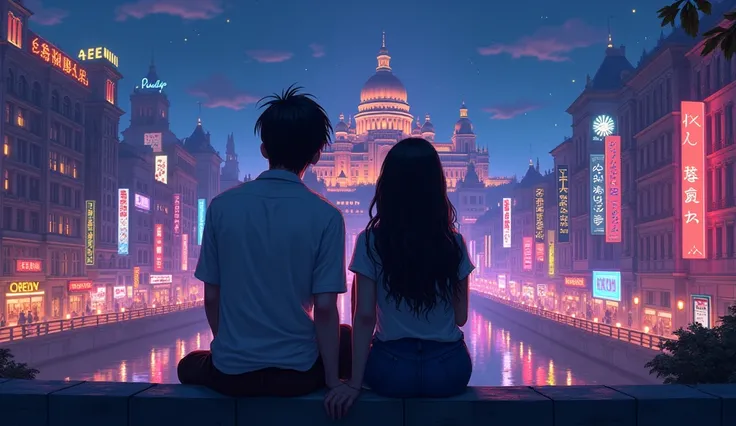  full back view lofi anime couples sit in neon lights city with music enjoy over view palace