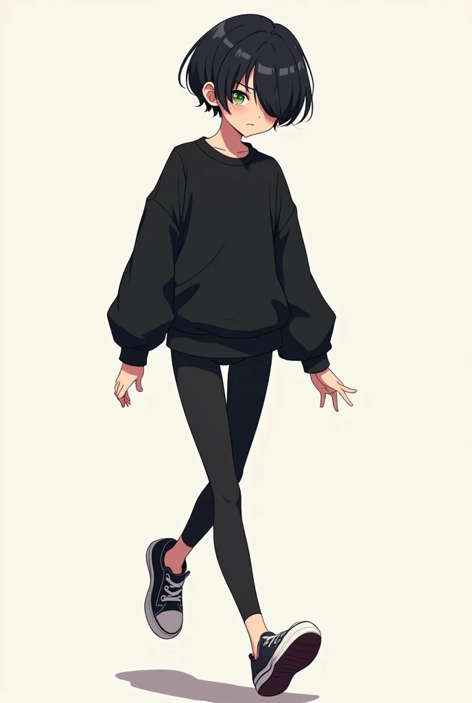 anime drawing male character femboy black sweatshirt black leggings short black hair bangs covering one eye Trans prancing 