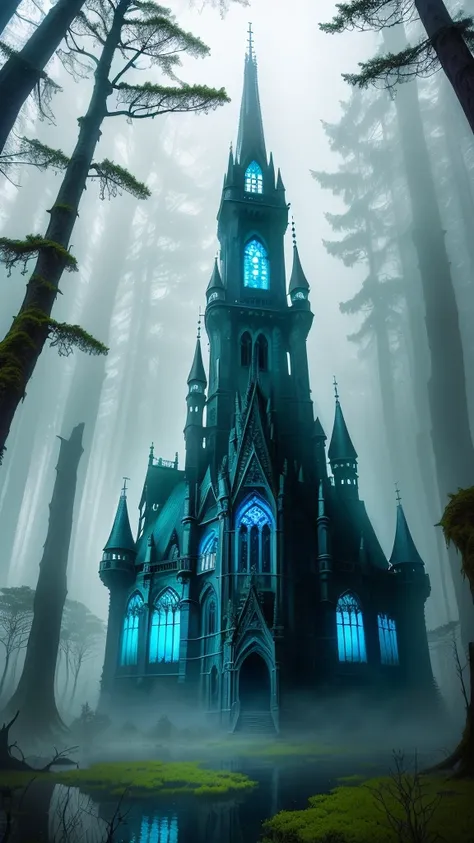 Deep in the forest、lake、blue flower field、mysterious, Gothic architecture, Dilapidated castle, Glowing Windows, Moss-covered ruins, Misty Forest, Spooky atmosphere, Soft bluish light, The light shines from above, Shadows create depth, High Contrast, Center...