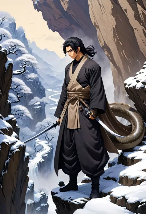 /I cel anime illustration. A black-haired ninja, his hair bound, clad in brown attire and haori, leans against a cliff in a snowy valley. A massive white serpent slithers slowly through the narrow ravine between the towering cliffs. The man is concealed fr...