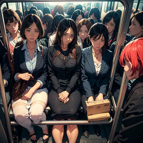 a group of women in a crowded train, facing away, looking back at the viewer, detailed facial features, detailed clothing, photo...