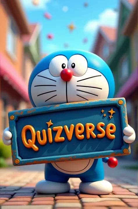 Make a picture of doraemon holding a board with blue border and on board a textQuiziverse should be written in the texture of blue and black colour and font should be Arm westler