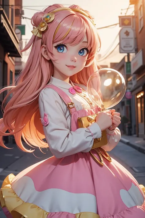 (masterpiece, best quality), a cute girl anime character, 1girl, hime hair cut, colorful pastel hair, colored tips, shining eyes, very gorgeous lotita costume, holding cute balloons, very happy feeling, little smlie, multicolore parted bangs, parted lips, ...