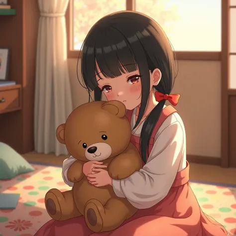 Girl holding a teddy bear. Her hair style is very long low twin tails with red ribbons, black hair, very long low pigtails. Home. Private room. Japanese.