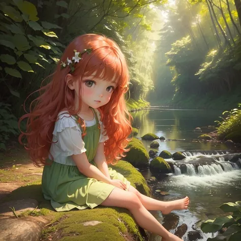 Little child with lush, with curly red hair sits by the gently flowing river. She is wearing a light green sundress over a white shirt.. A bright light can be seen in the background, bright forest with warm, rich shades of green and orange. The scene exude...