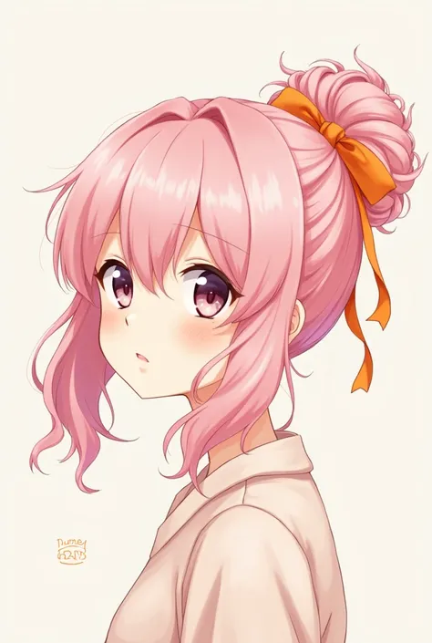 Anime girl with pale pink hair pulled into one large messy bun near the back of her head that is tied with an orange ribbon. She has long wavy side bangs that part from the middle and reach down past her shoulders.