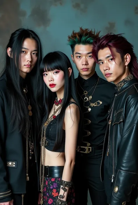 Images of four people, a man and a woman with long black hair, a woman with colored hair and an androgynous man who all look Japanese and are dressed as members of an alternative band 
