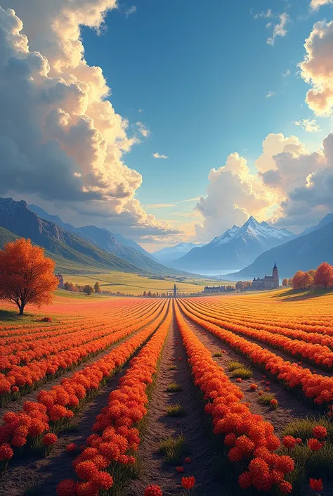 Beautiful day with flowers, vast impressive field of flowers in a flat and open plan, foreground tree off to side for perspective, autumn flower colors, plowed rows as in an old farmed field for perspective flat horizon, color, vast landscapes, far distant...