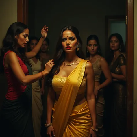 Pretty like princess, indian woman sobbing while getting draped in saree by a woman in a dark musky room, a woman is shouting at her while the woman is draping saree in a dark room,she is wearing tight bright gold silk saree on a shiny ultra tight gold sil...