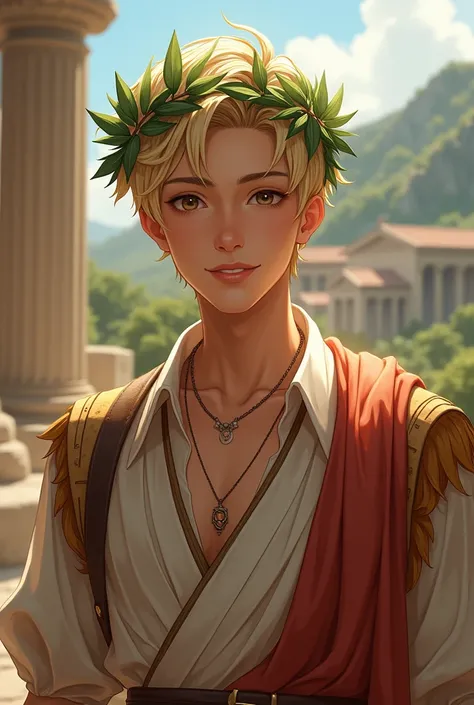 Young man, Cao Cao, blondie hair, Ancient Greece, laurel wreath, attractive smile 
