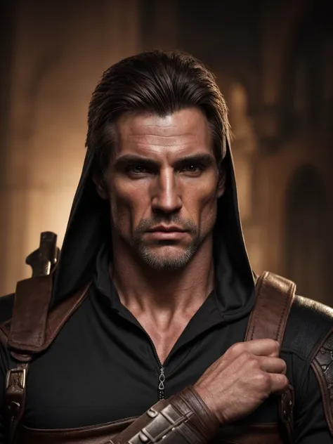 hair, portrait of a ruggedly handsome assassin, muscular, half body, masculine, mature, retrato de un joven, muscular very hands...