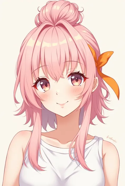 Anime girl with pale pink hair pulled into one large messy bun near the back of her head that is tied with an orange ribbon. She has long wavy side bangs that part from the middle and reach down past her shoulders.