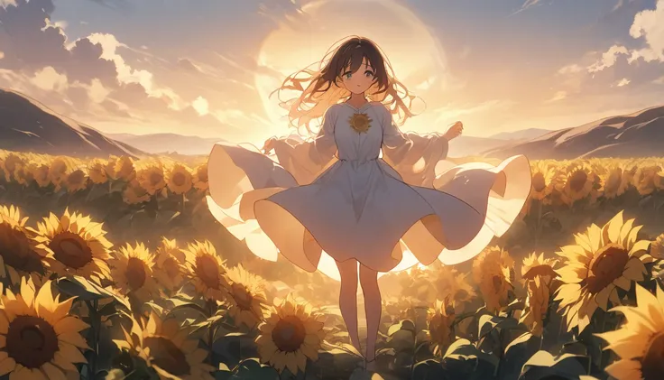 A girl standing on top of a hill as the sun rises, bathed in the light of hope. She spreads her arms wide and begins to walk forward into the future. Around her, new sunflowers bloom one after another, symbolizing the renewal of life and the promise of new...