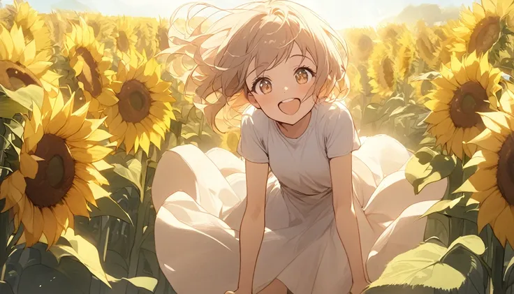 A climactic scene of a girl sprinting toward the goal with all her strength. Behind her, a vast field of sunflowers in full bloom stretches out, and radiant sunlight shines down around her. The path to her dreams has opened up, and she continues to push fo...