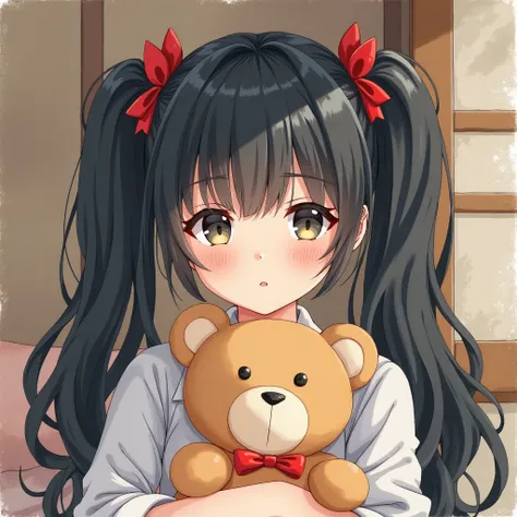 watercolor, Girl holding a teddy bear. Her hair style is very long low twin tails with red ribbons, black hair, very long low pigtails. Home. Private room. Japanese.