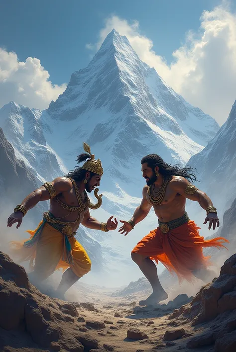 Bhagwan ganesh and parshuram fight  kailash hill in background both are full angry
