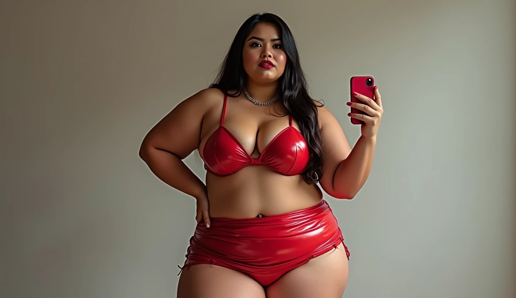 Overweight big body model wearing red leather strips high waisted skirt with high waisted shoulders cover bikini standing holding selfie 