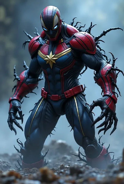 「Bộ giáp của Captain Marvel đứng trong bóng tối、Completely infected by symbiote venom、It has changed into a horrible shape。The entire armor is、Covered in jet black symbionts,Loss of metallic shine。On the surface of the armor,symbiote squirming like liquid....