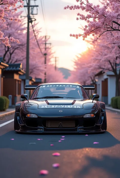 A black Mazda RX-7 FD with japanese word on it body driving on a typical Japanese road. The road is waide lined with traditional Japanese houses and cherry blossom trees in full bloom. The car is lowered with widebody modifications and an aggressive stance...