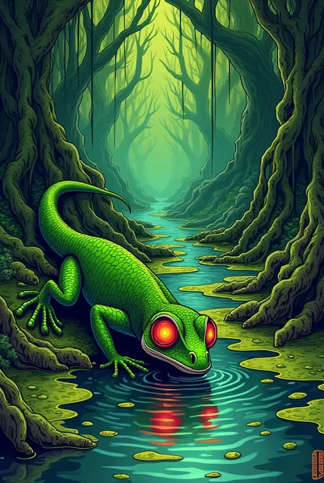   the green gecko, with glowing red eyes, drinking water in the swamp the scene in comic book style