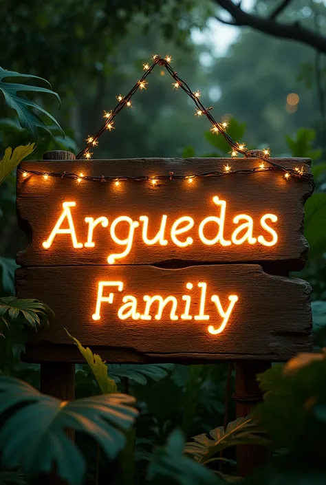 Wooden sign with lights, Recorded "Arguedas family", foliage background