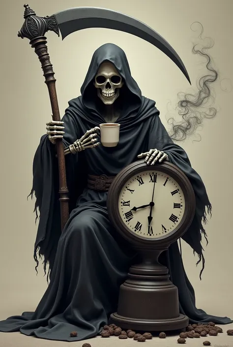 death with the scythe on the side drinking coffee with the clock on the side and a phrase coming out like smoke from the coffee written "your time is running out " in English