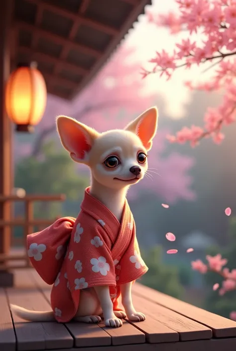 A Chihuahua in a yukata enjoying the cool evening air on the veranda