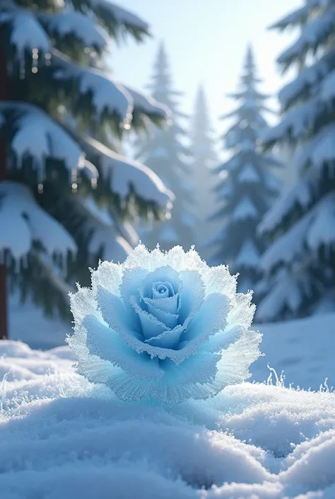 Ice rose and a snowy pine forest in the background 
