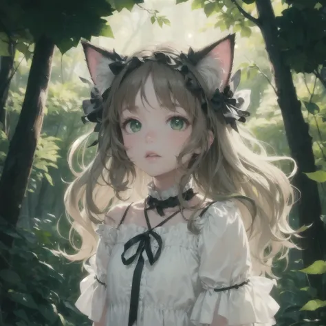 Very Young child, wavy hair, brown hair, light brown hair, cat ears on head, light greenish-brown eyes, very light green eyes, white off-the-shoulder blouse with black ribbon detail, green leaf accessories, standing in a forest, soft diffused lighting, nat...