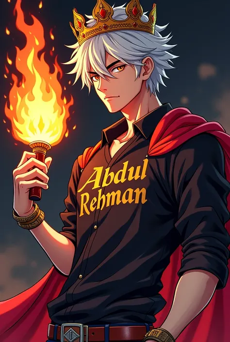 anime logo, 20 year old mafia boy, white hair wearing king, holding a mafia with a fire aura effect, wearing a gold and fire esports shirt, on the shirt there is the word “Abdul rehman” with flames burning,