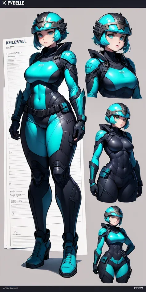 Masterpiece, High quality, ((character concept art)), ((character design sheet, same character)) a futuristic-looking female military commander, wearing a ((kevlar helmet)) and is dressed in ((turquoise suit)), holding weapon, holding gun, wearing epTactic...