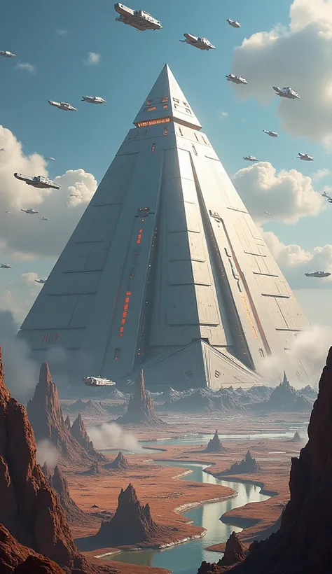 A large futuristic pyramid surrounded by spaceships 