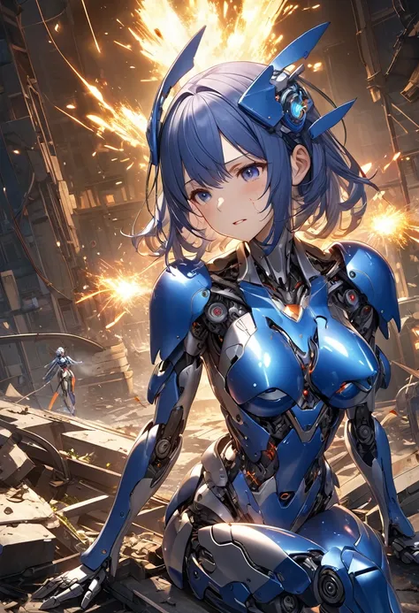 Female Robot、Shiny blue metal body、A face contorted in pain、A body broken in places、Sparks fly from the broken parts、Highest quality、Very detailed、High resolution illustrations、Ultra-high-definition CG、８k size wallpaper、Production art、