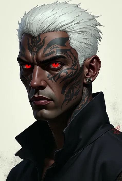 Make an illustration of my Roleplay character in Fivem He is a 1 dark skinned man with red eyes, short white hair and some tattoos on his face .