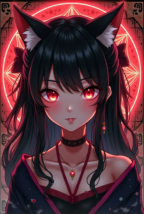  Japanese girl with more or less long black hair with bangs and red highlights, e sexy, Lady,Red hair,dress,beautiful,anime,tattoo, face portrait, close up, big beautiful detailed eyes, ulzzang, art nouveau, candy, sweets, tattoo background pattern, tapest...