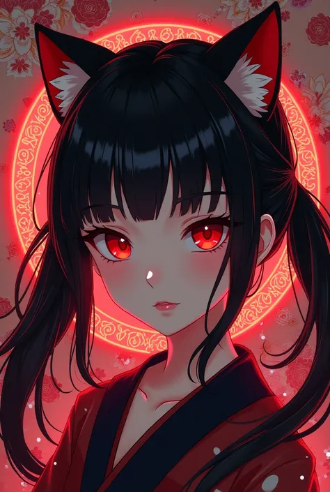  Japanese girl with more or less long black hair with bangs and red highlights, e sexy, Lady,Red hair,dress,beautiful,anime,tattoo, face portrait, close up, big beautiful detailed eyes, ulzzang, art nouveau, candy, sweets, tattoo background pattern, tapest...