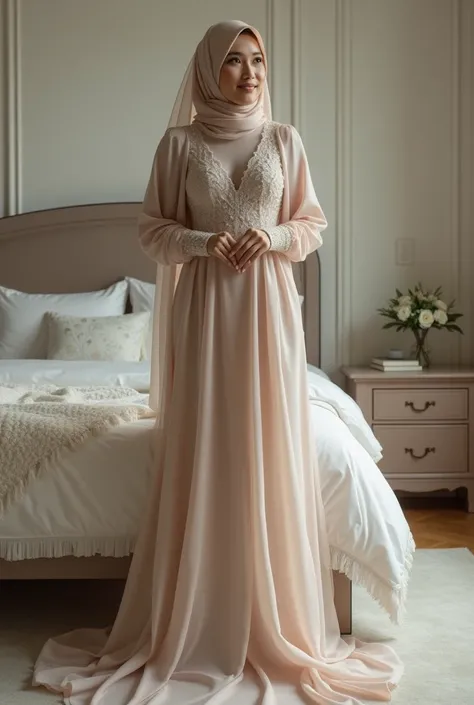 NSFW (Naked:1.5) malay muslim bride standing full frontal with leg spreading waiting at the bed on her wedding day  realistic. 8k hyperrealistic 