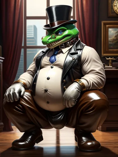 Kremling, leather collar, white rubber gloves on hands and feet, white spats on feet, fat, bulging belly, large belly, steampunk, (high quality,4k,8k,highres,masterpiece:1.2),ultra-detailed,(realistic,photorealistic,photo-realistic:1.37), masterpiece,(intr...