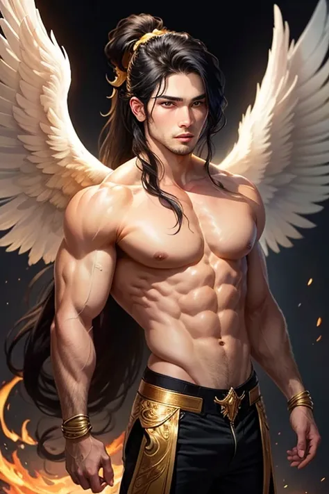 Frontal photo of a muscular male Angel with long black hair tied in a ponytail, large golden wings, with an effeminate and delicate face