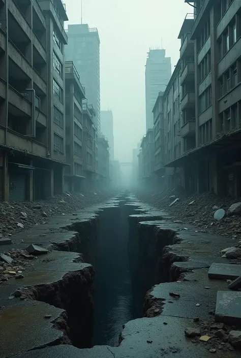 In the middle of a city street with large destroyed buildings, ruins and rubble everywhere, a sinkhole opens in the shape of a 5 meter crack with a depth that no one could survive, dark, humid and bottomless.