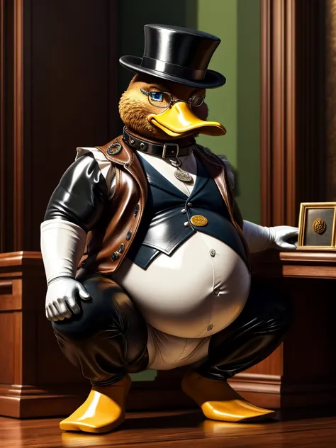 Duck, leather collar, white rubber gloves on hands and feet, white spats on feet, fat, bulging belly, large belly, steampunk, (high quality,4k,8k,highres,masterpiece:1.2),ultra-detailed,(realistic,photorealistic,photo-realistic:1.37), masterpiece,(intricat...