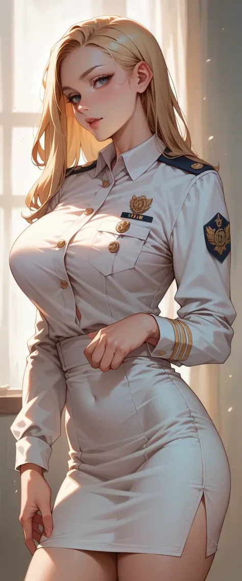 a sexy blonde girl with a voluptuous body wearing a new short naval dress uniform, it&#39;s too sexy and sensual, it has white l...