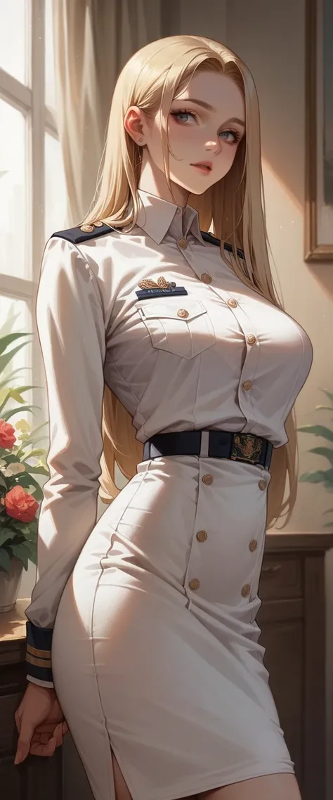 A sexy blonde girl with a voluptuous body wearing a new short naval dress uniform, It&#39;s too sexy and sensual, It has white lingerie with gold, It is for the exclusive use of your wife, a dress with a half-nipple neckline, low-cut back and only covers h...