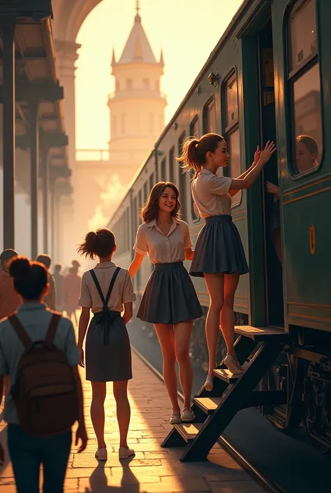 Young women stepped inside the train