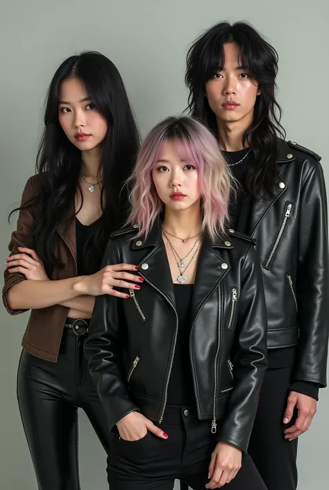 Various realistic images of four people of Japanese descent, a man and a woman with long black hair, a woman with colored hair and an androgynous man who all look Japanese and are dressed as members of an alternative band 
