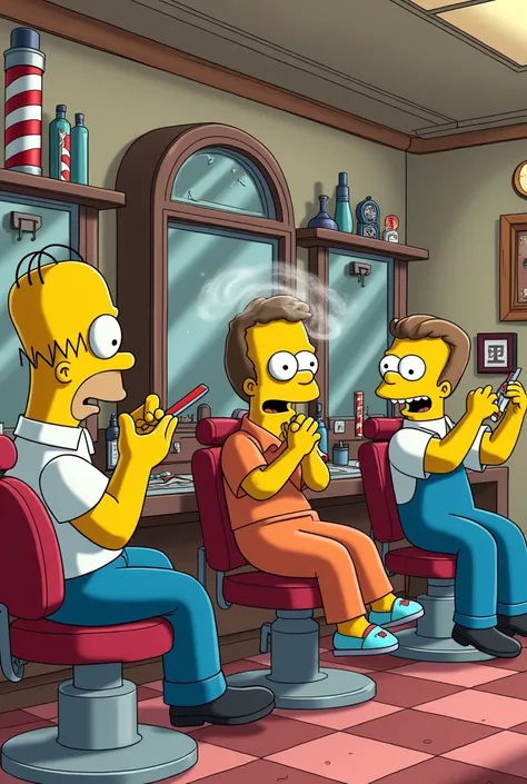 Barbershop characters from the Simpsons shaving their hair 
